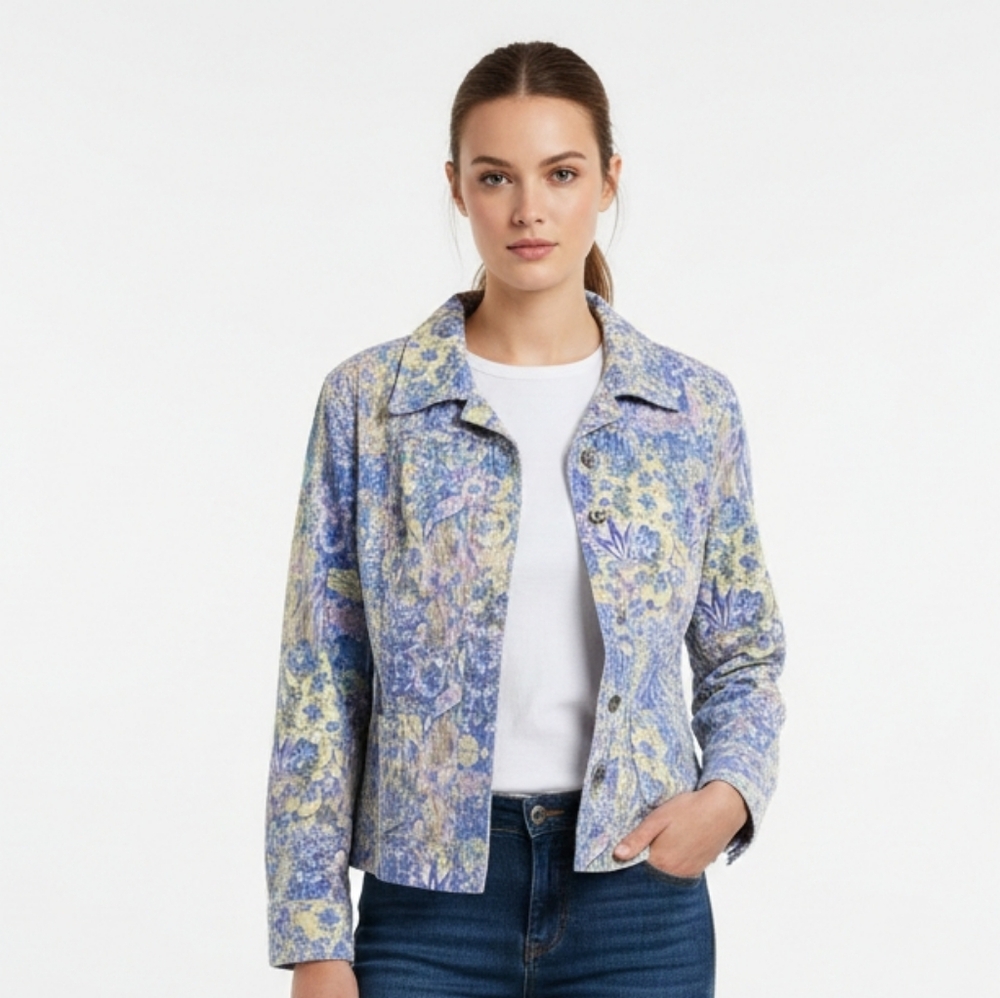 Christopher & Banks Jacket Corduroy Blue Yellow Floral Cottage Boho Retro M